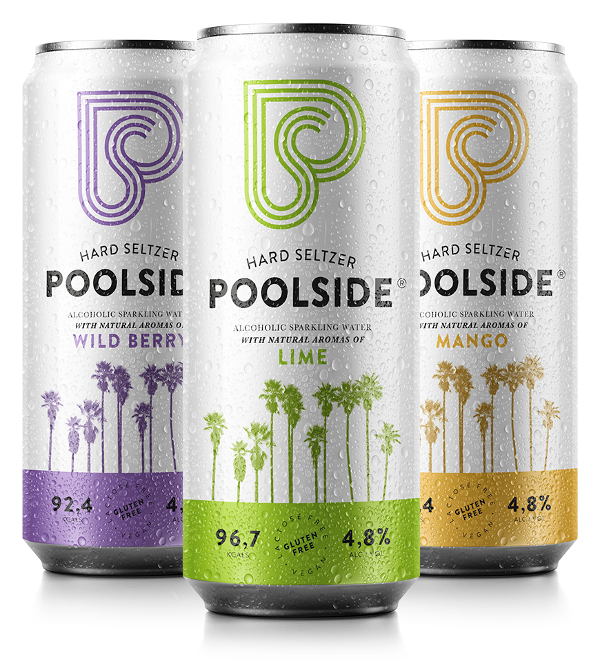 cans of Poolside hard seltzer of lime, mango and berry fruit